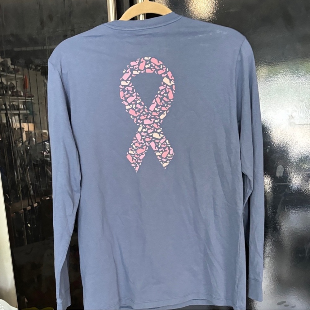 Vineyard Vines Dusty Blue Long-Sleeve Pocket Tee with Pink Ribbon - Picture 2 of 4